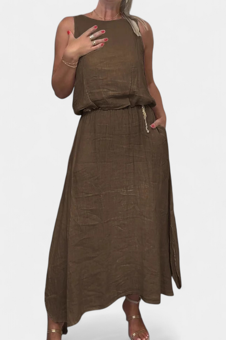 Martina Linen-Cotton Set with Sleeveless Vest and Maxi Skirt