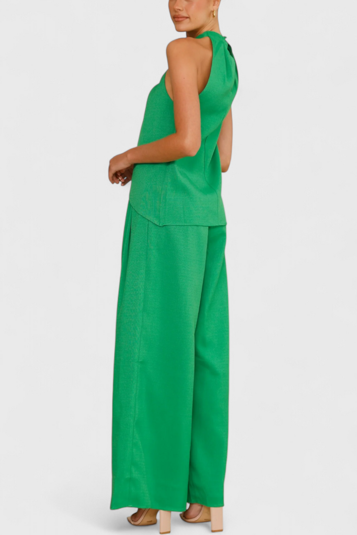 Lorena Linen Ensemble: Front Neckline Top with Wide Leg Pants