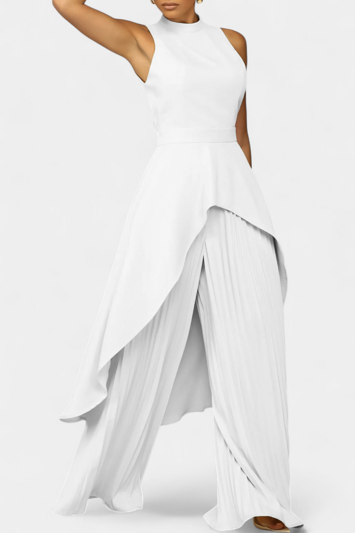 Greta Asymmetrical Sleeveless Outfit with Pleated Trousers
