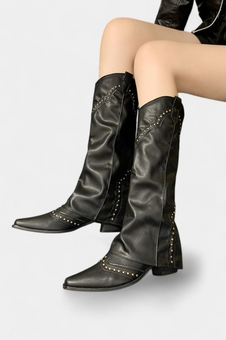 Emilia Pointed Toe High Heeled Boots with Vintage Metallic Accents