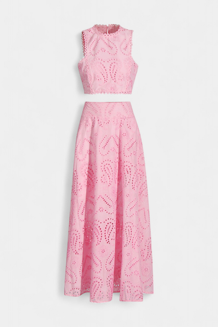 Sabina Floral Lace Two-Piece Set: Crop Top & Maxi Skirt