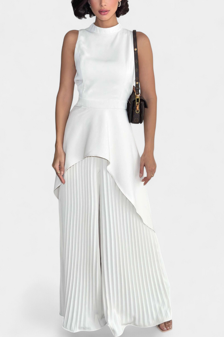 Greta Asymmetrical Sleeveless Outfit with Pleated Trousers