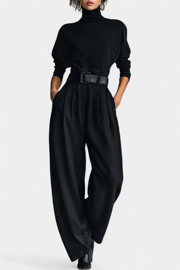 Renata Black High Collar Ensemble with Straight Leg Trousers