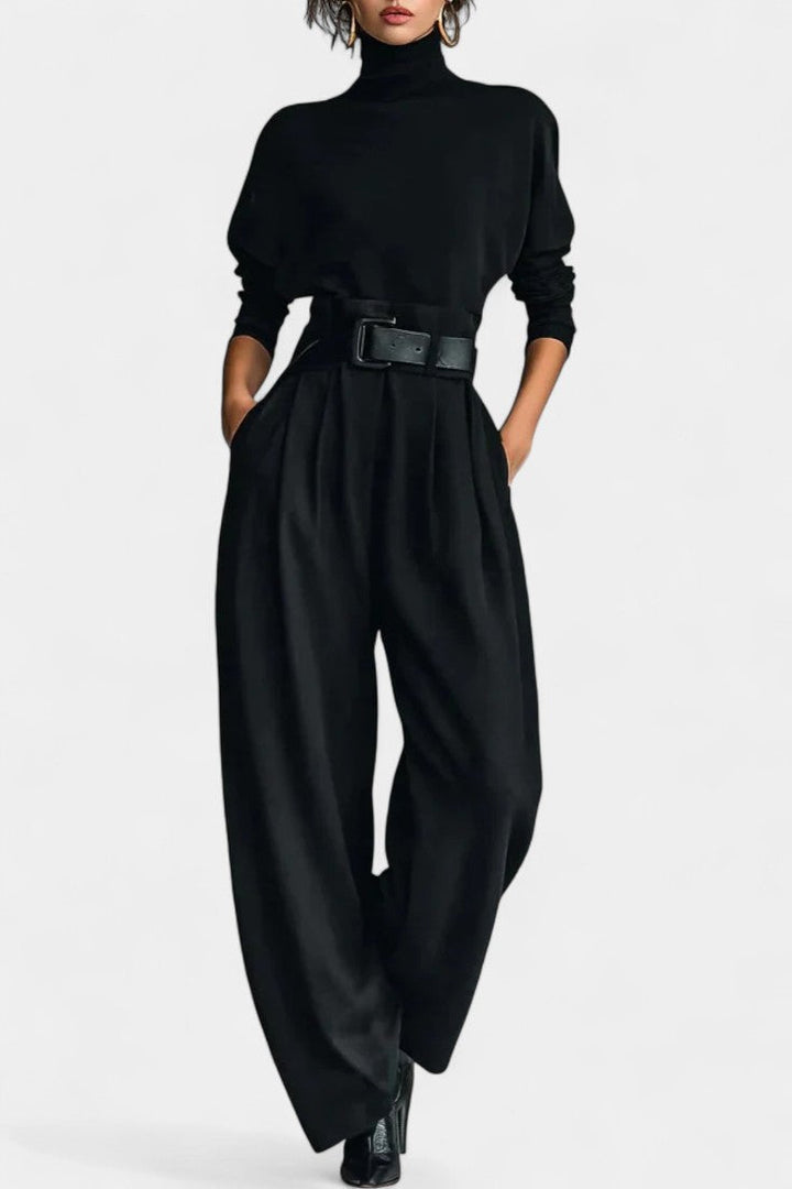 Renata Black High Collar Ensemble with Straight Leg Trousers