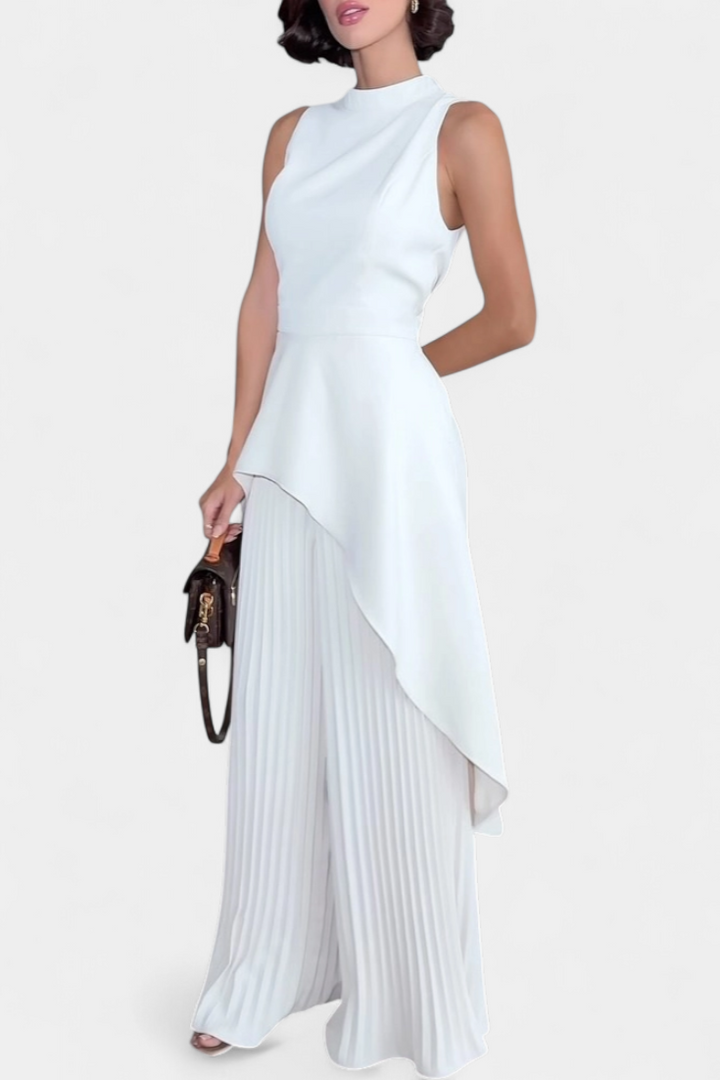 Greta Asymmetrical Sleeveless Outfit with Pleated Trousers