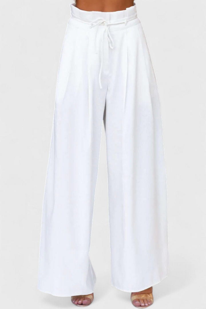 Lorena Linen Ensemble: Front Neckline Top with Wide Leg Pants