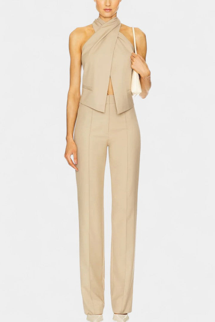 Fiorenza Cross-Strap Ensemble with Chic Straight-Leg Trousers