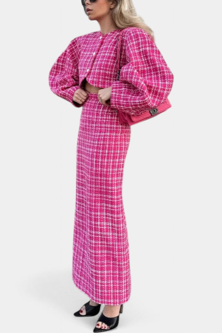 Serafina Blazer and Plaid Tweed Skirt Set