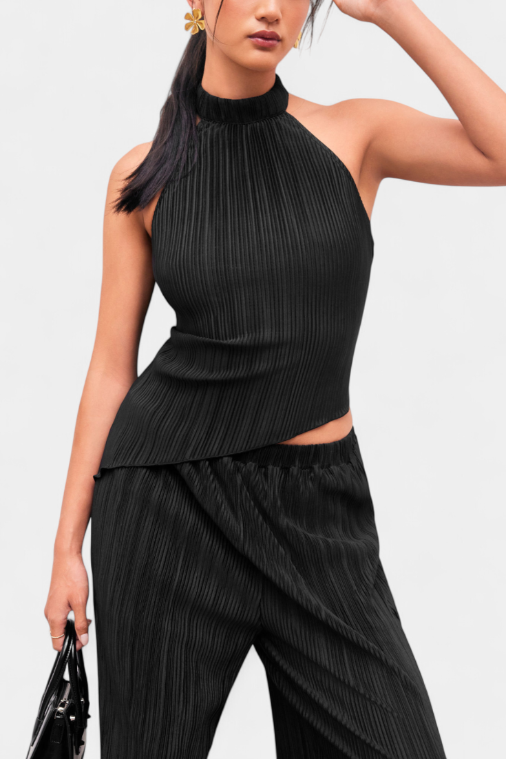 Nicoletta Halter Neck Asymmetrical Top with Wide-Leg Pants Set