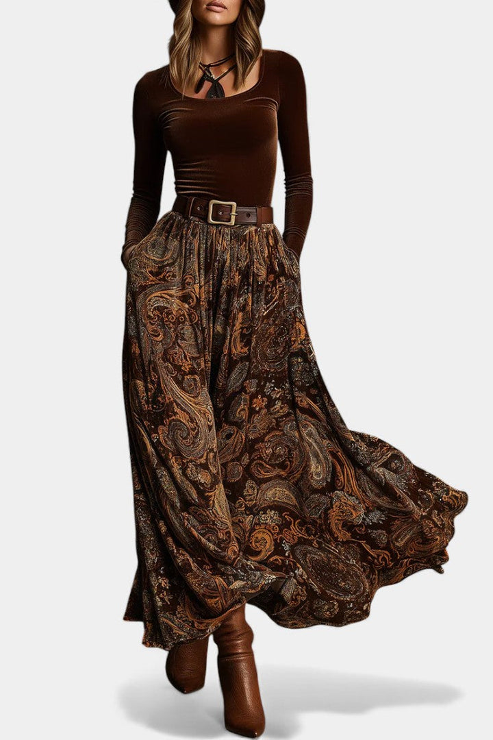 Flora Vintage Stretch Velvet Ensemble with Paisley Maxi Skirt