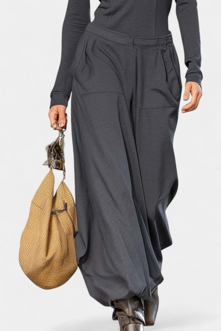 Sonia Dark Gray Set Featuring High Collar and Wide-Leg Trousers