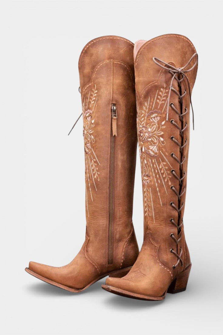 Flora Vintage Western Lace-Up Boots with Embroidery