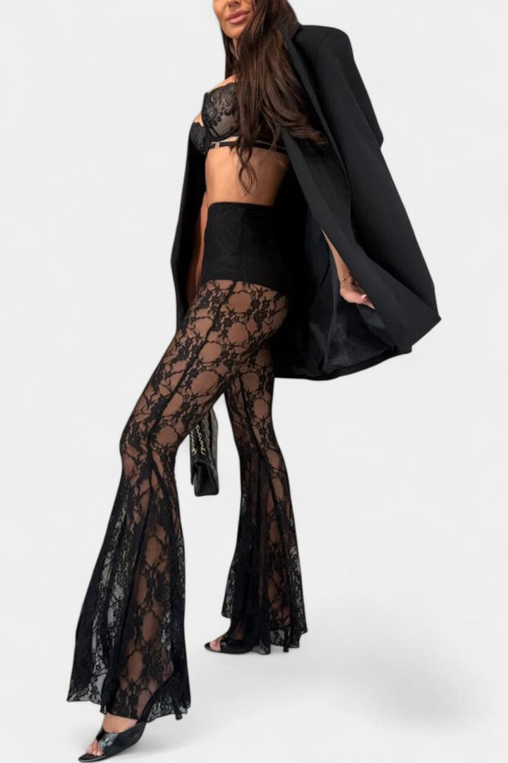 Lea Set: Belted Blazer with Floral Lace Mermaid Trousers