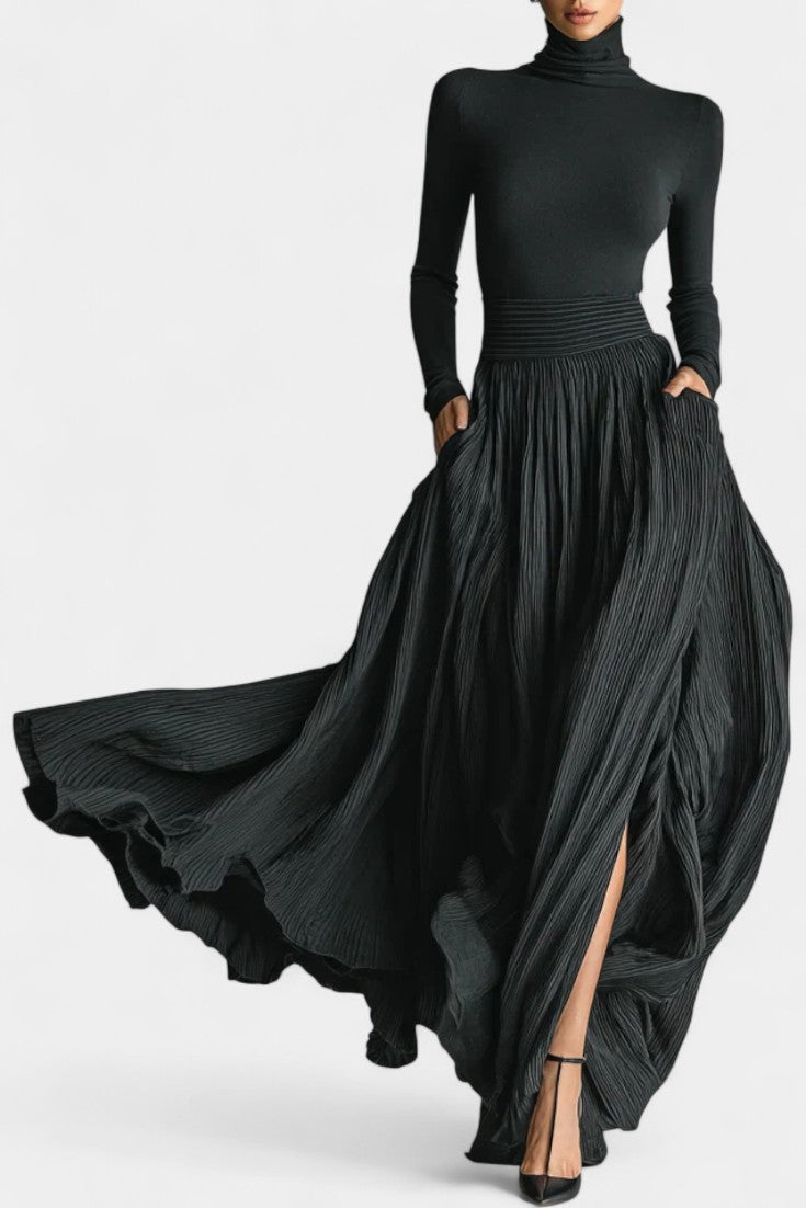 Rosa Black High Neck Set with Flowing Pleated Skirt