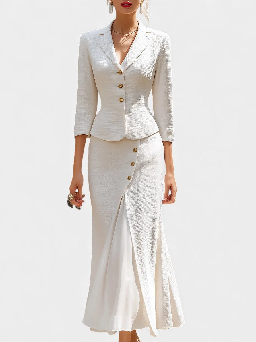 Veronica Chic Ecru Tailored Suit with Flowing Long Wrap Skirt
