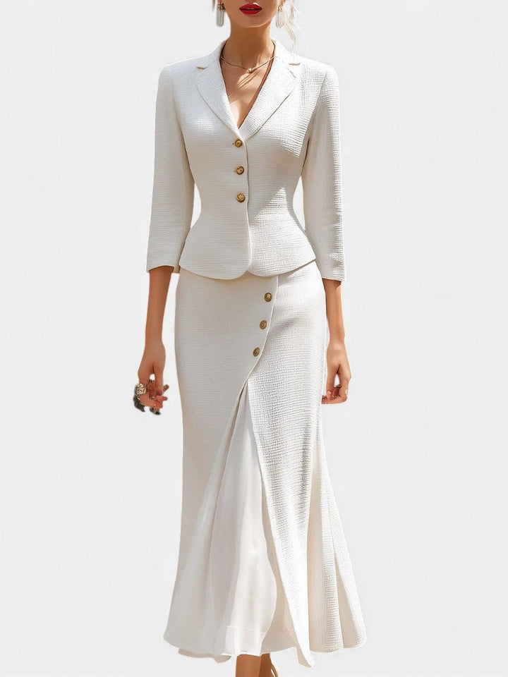 Veronica Chic Ecru Tailored Suit with Flowing Long Wrap Skirt