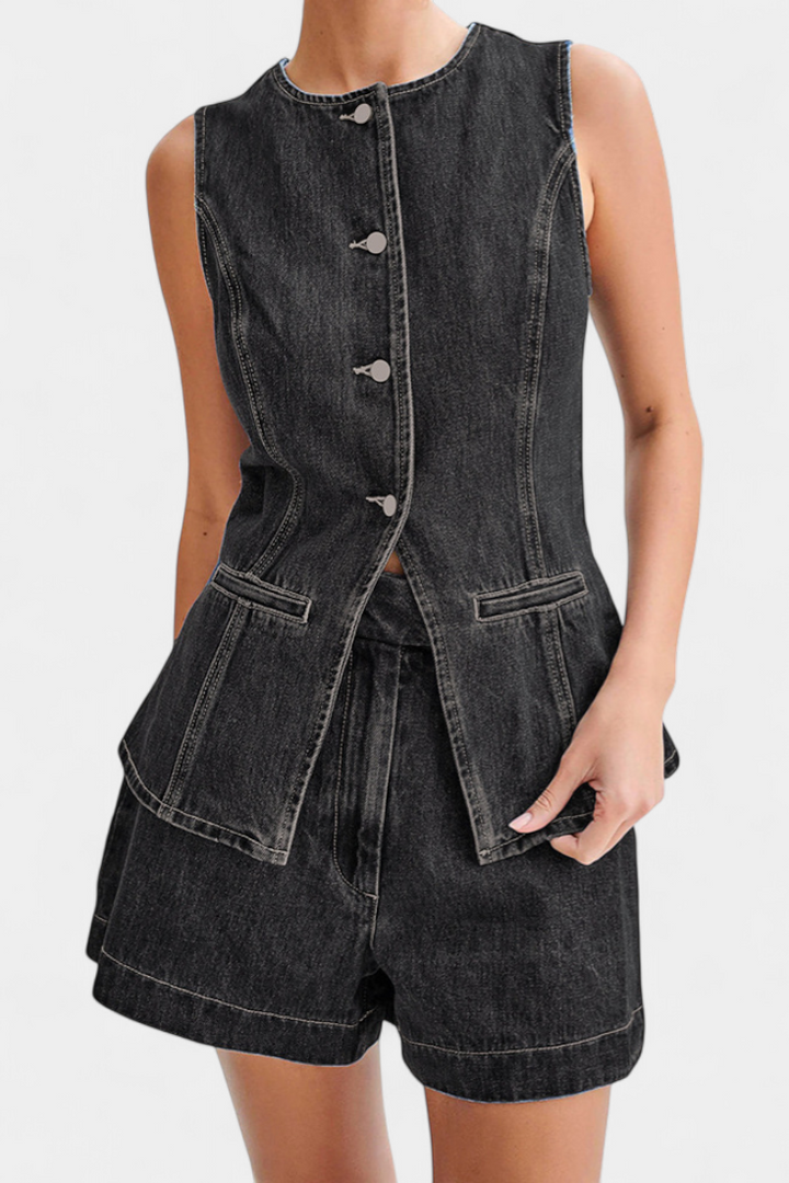 Chiara Denim Ensemble: Sleeveless Jacket & High-Waisted Shorts