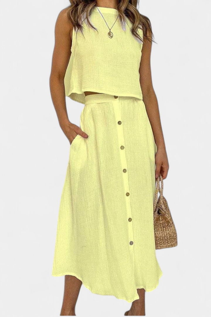 Nadia Casual Cotton Ensemble with Center Button Detail and Midi Skirt