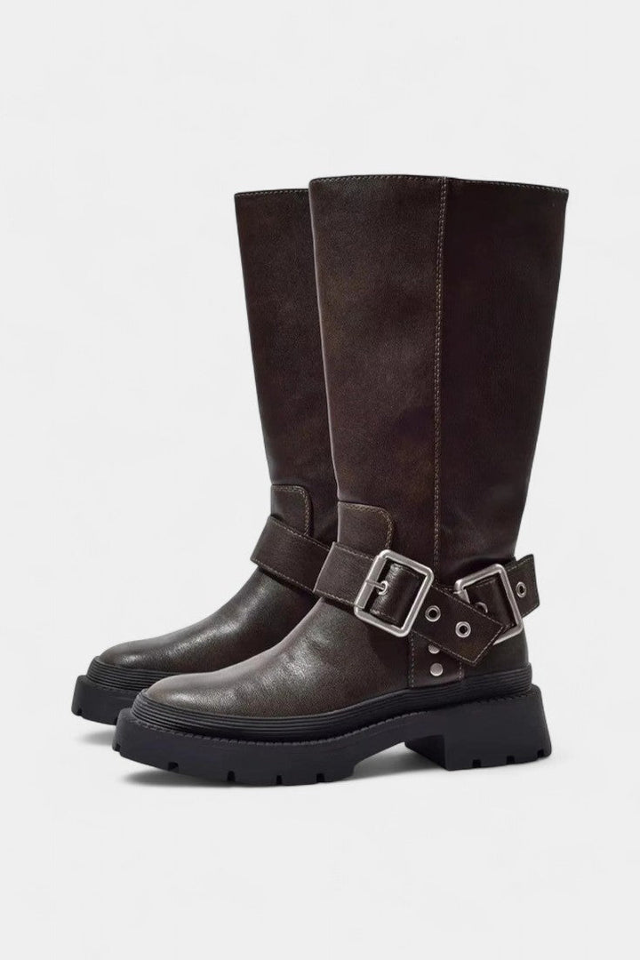 Caterina Strapped Mid-Calf Boots with Buckle Detail