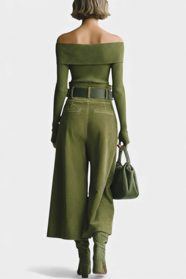 Teresa Olive Off-the-Shoulder Top with Midi Suede Skirt Ensemble
