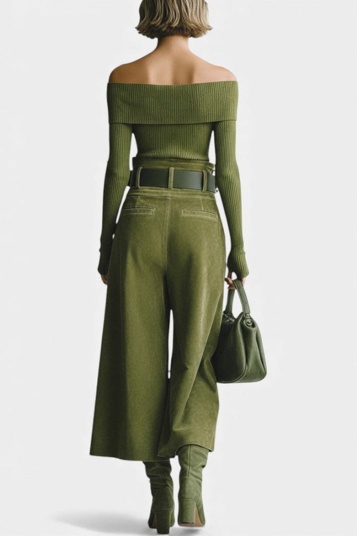 Teresa Olive Off-the-Shoulder Top with Midi Suede Skirt Ensemble