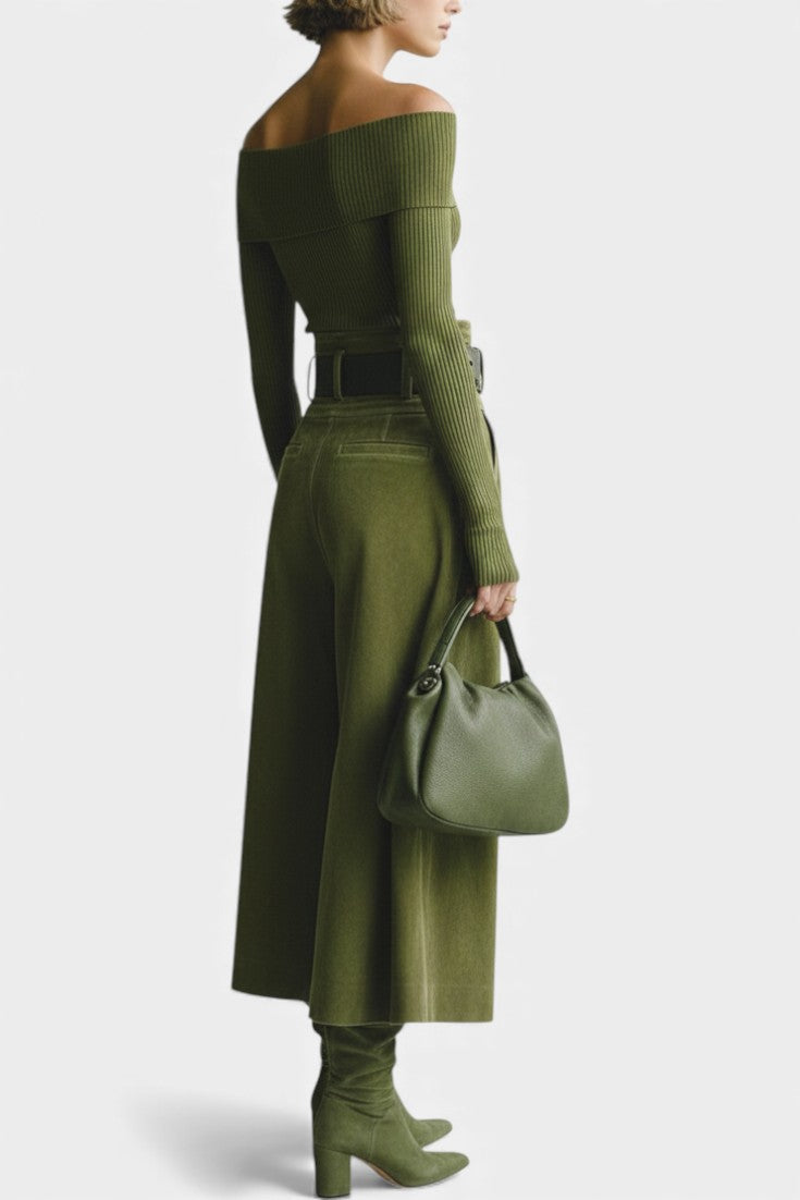 Teresa Olive Off-the-Shoulder Top with Midi Suede Skirt Ensemble