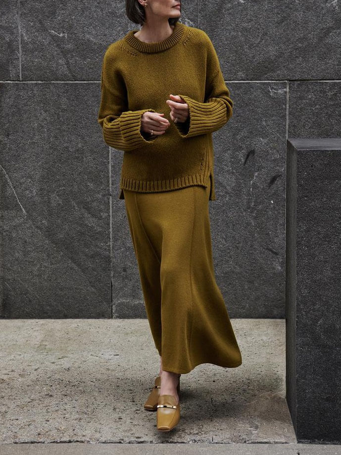 Gelsomina High Neck Sweater and Ribbed Maxi Skirt Set