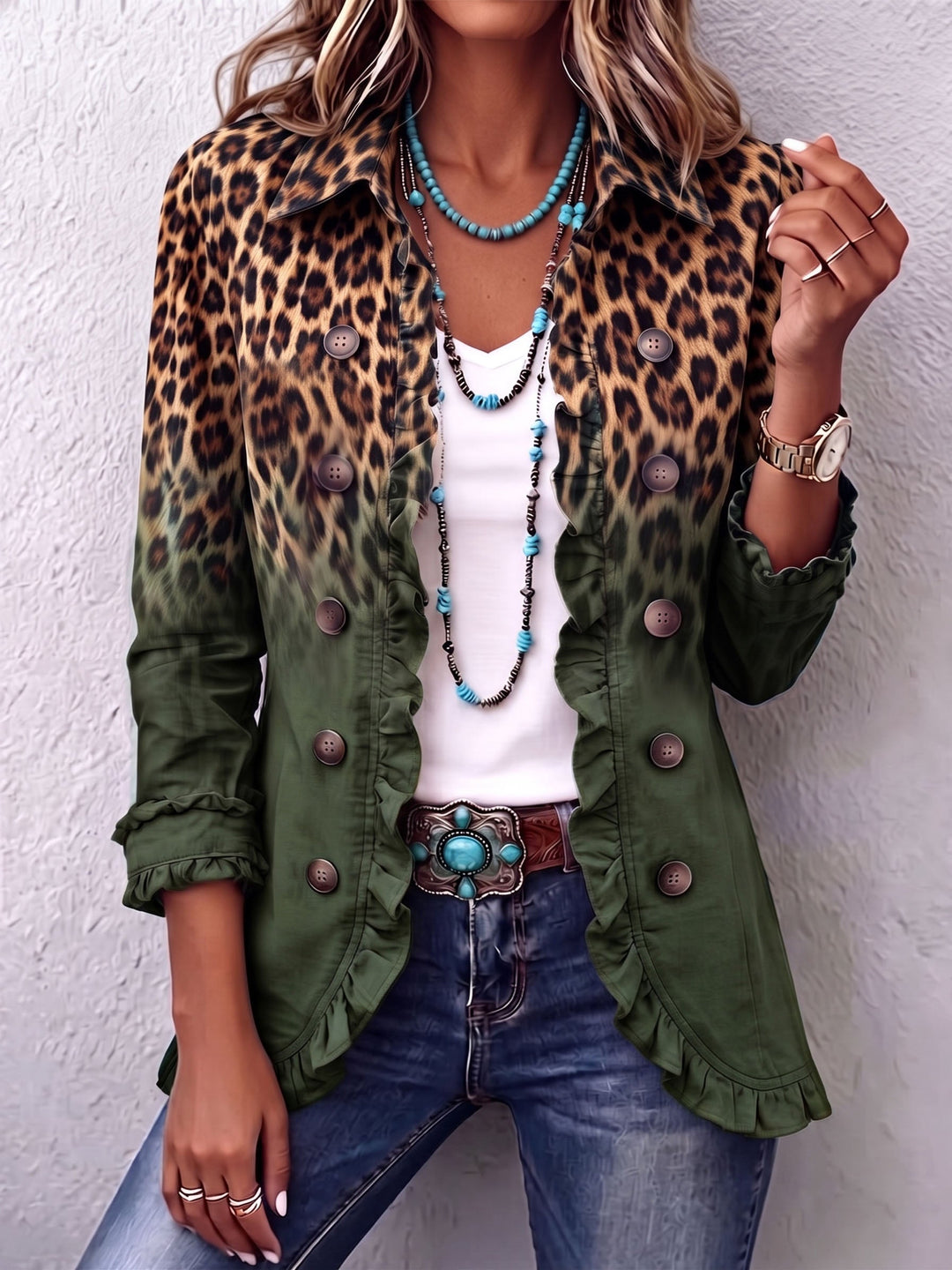 Alma | Leopard Ombre Ruffle Blazer Jacket