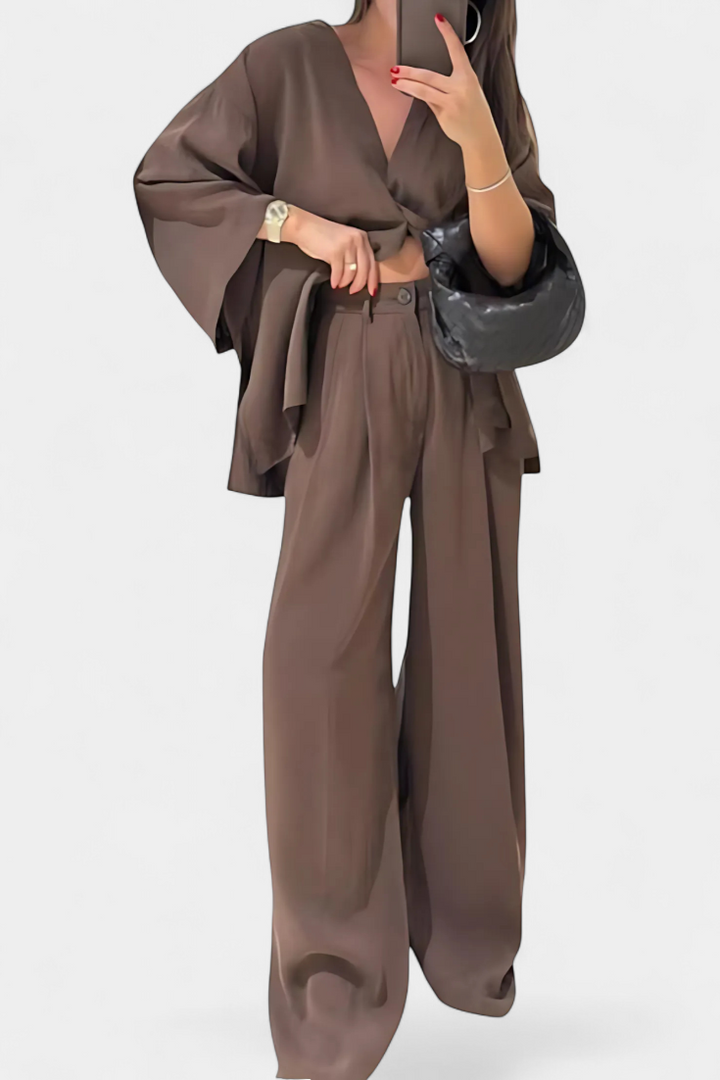 Linda V-Neck Top with Straight-Leg Pants Set