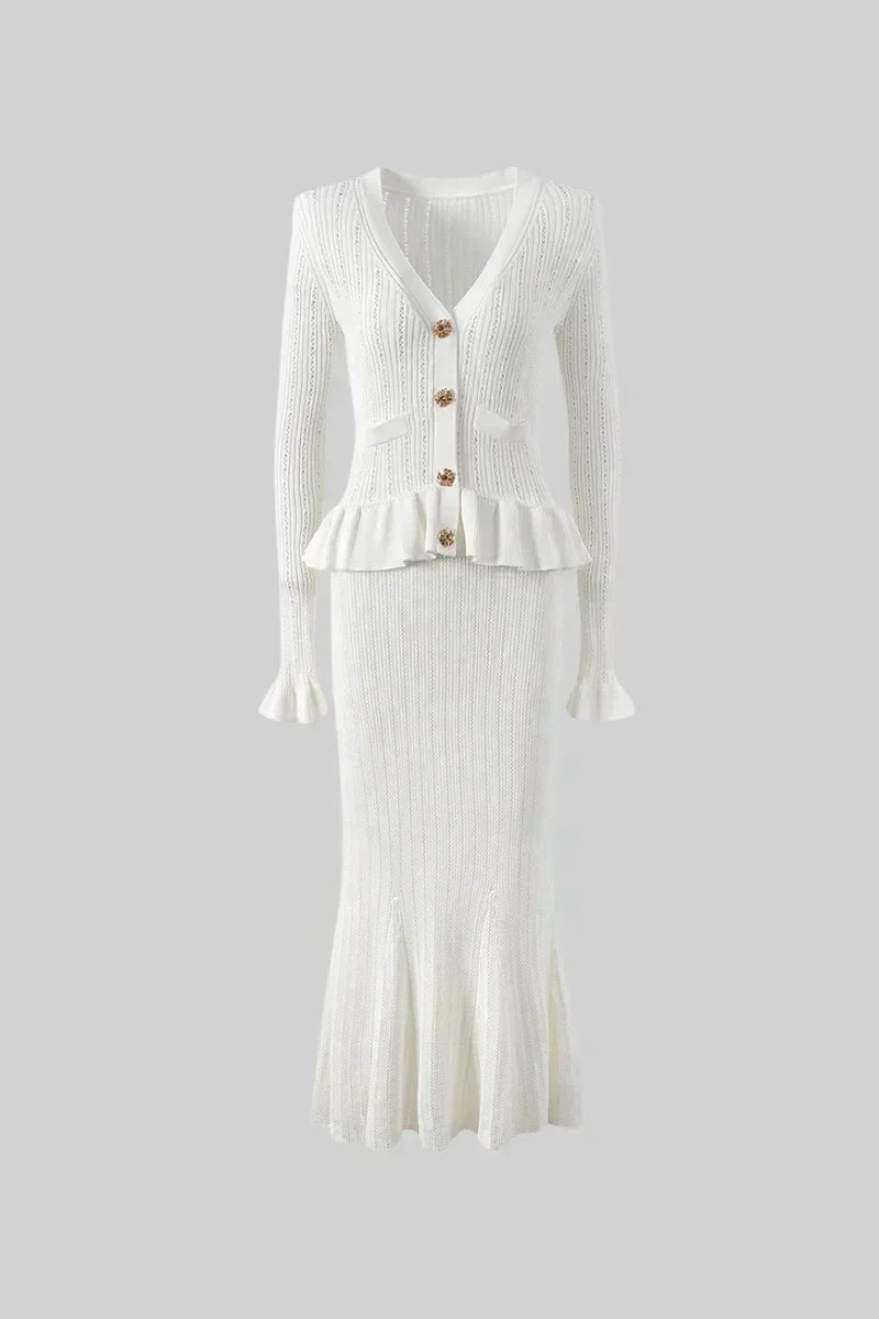 Sofia Knit Ensemble: Ruffled Cardigan and Flared Midi Skirt