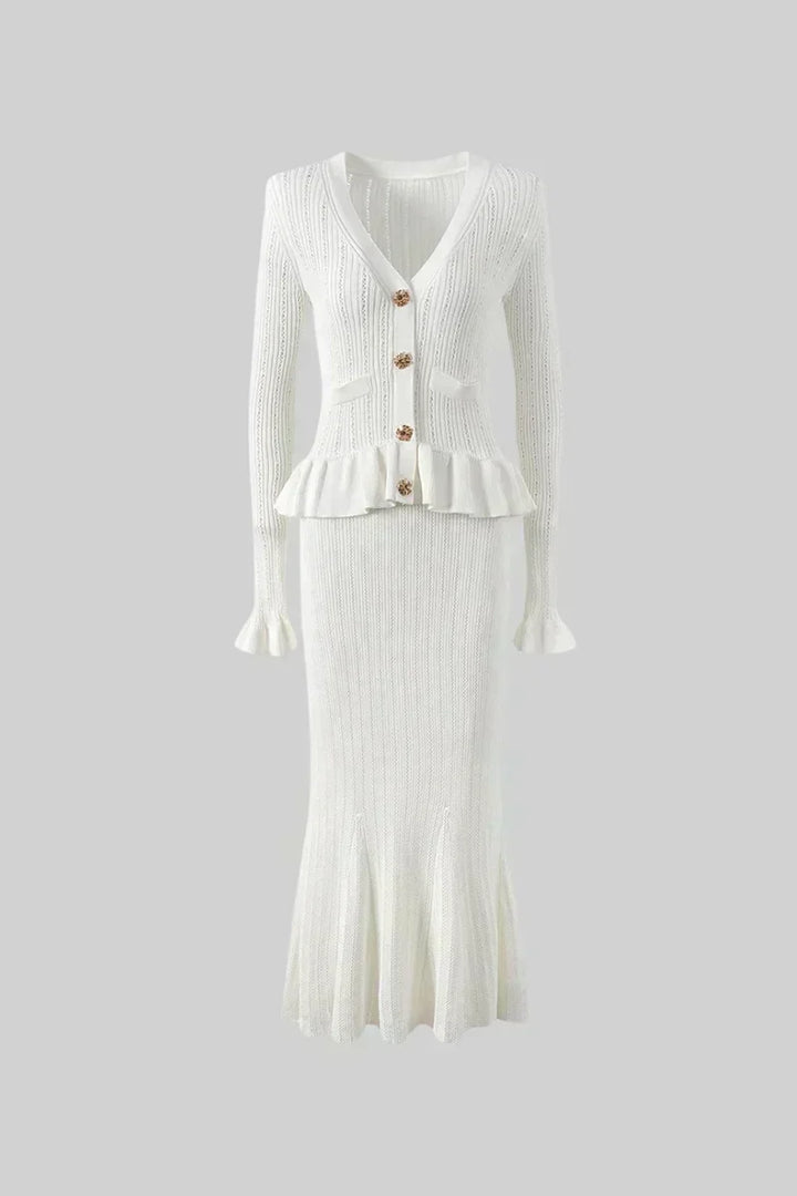 Sofia Knit Ensemble: Ruffled Cardigan and Flared Midi Skirt
