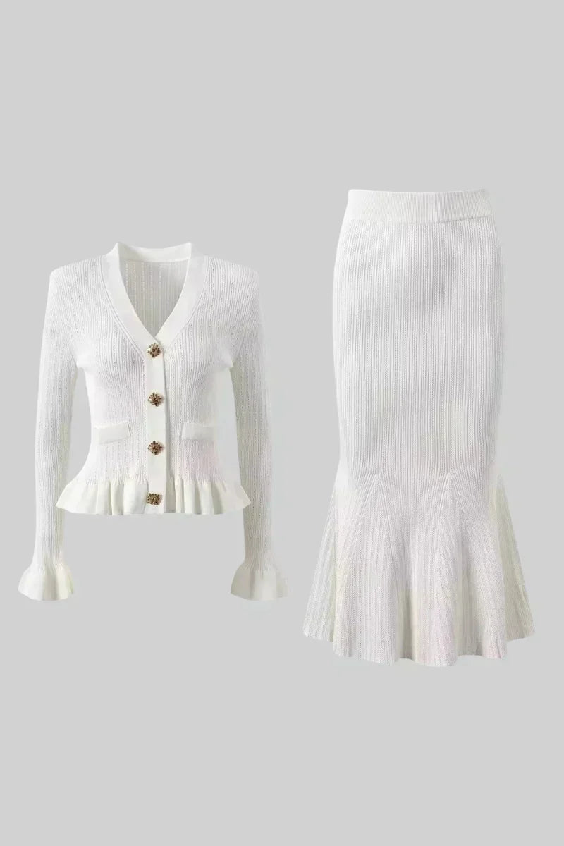 Sofia Knit Ensemble: Ruffled Cardigan and Flared Midi Skirt