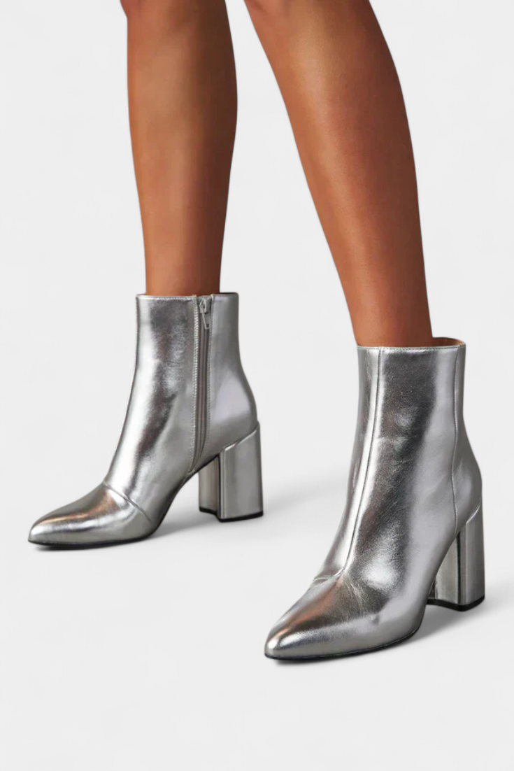 Elisabetta Silver Metallic Pointed Toe Ankle Boots with Block Heel