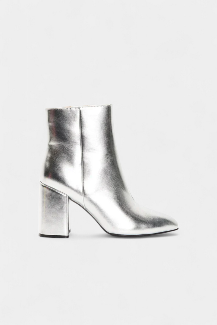 Elisabetta Silver Metallic Pointed Toe Ankle Boots with Block Heel