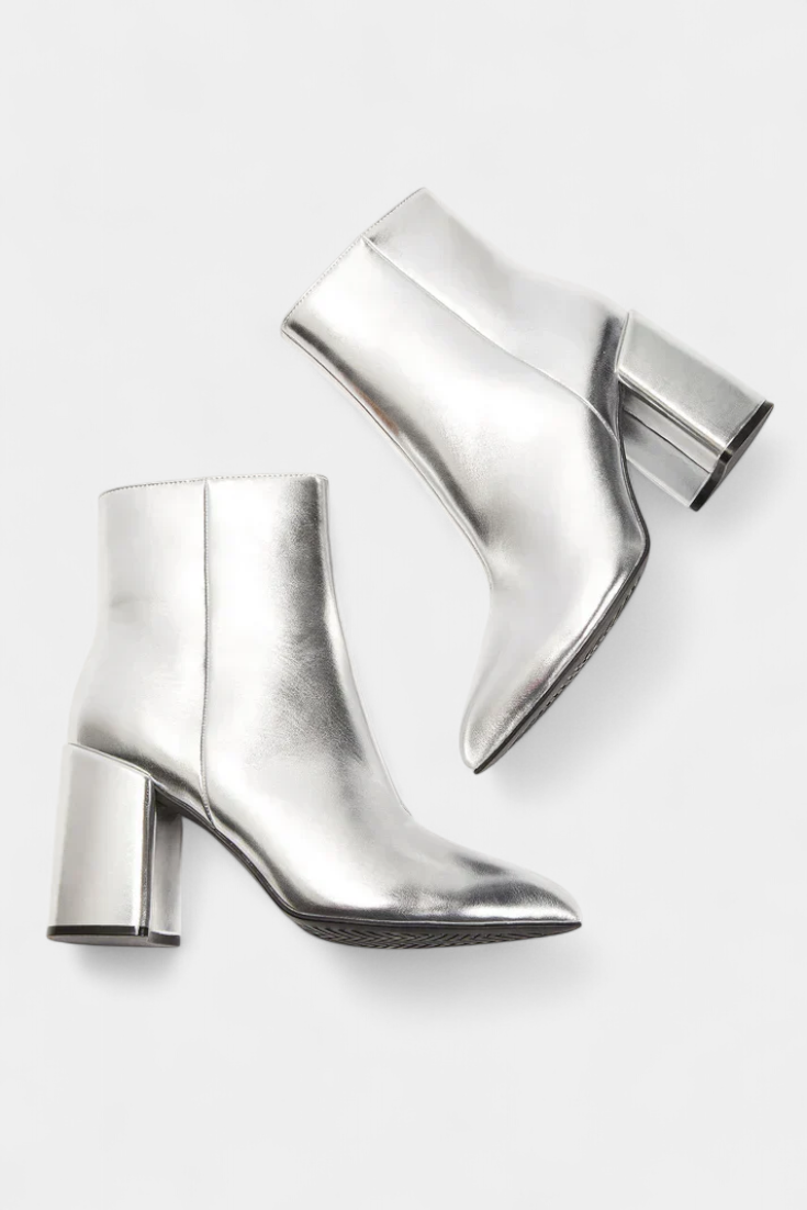 Elisabetta Silver Metallic Pointed Toe Ankle Boots with Block Heel